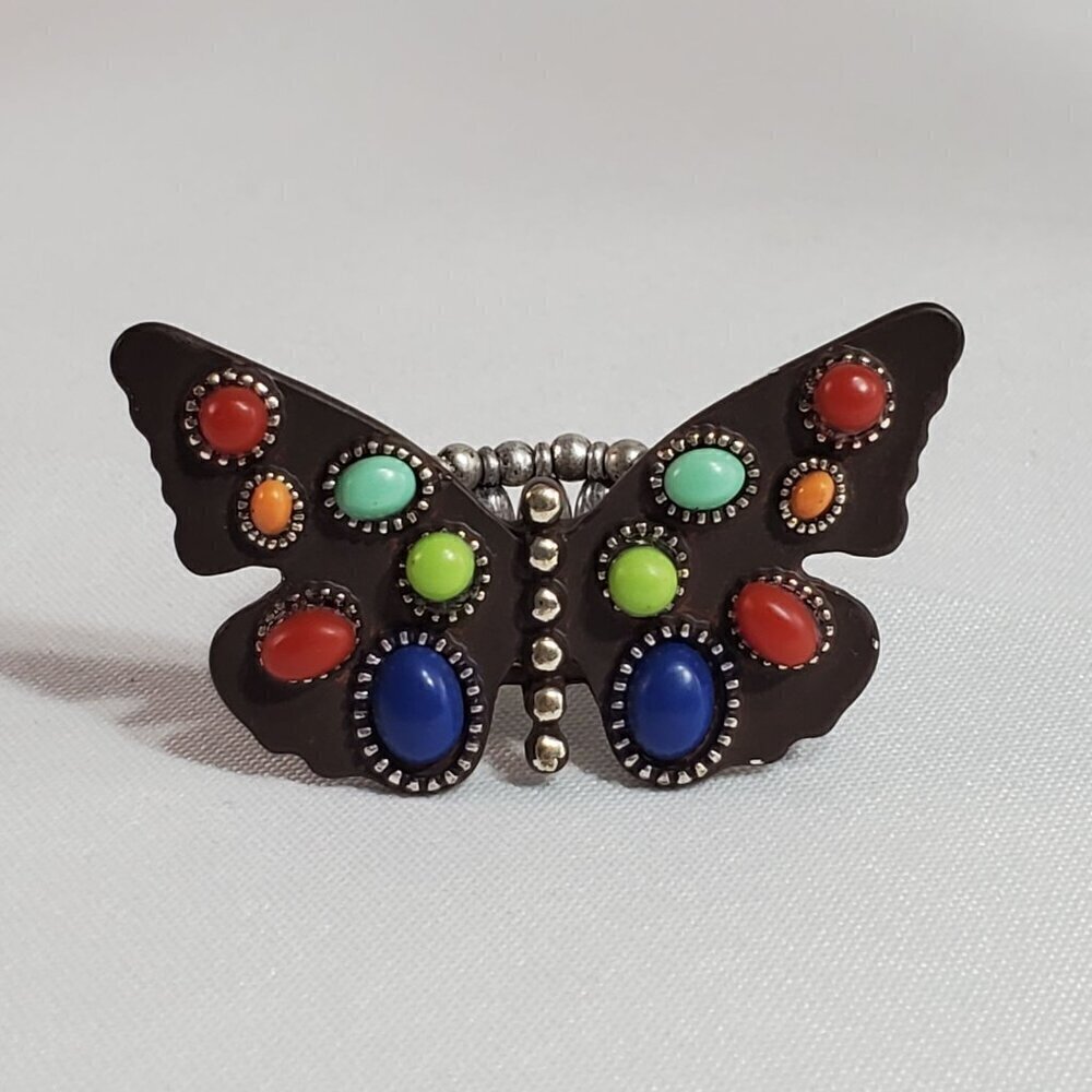Butterfly Stretch Ring With Multicolor Faux Stones & Beaded Stretch Band